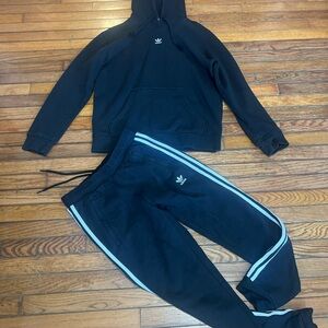 adidas Black Hoodie and Track Pants Set with Light Blue Stripes